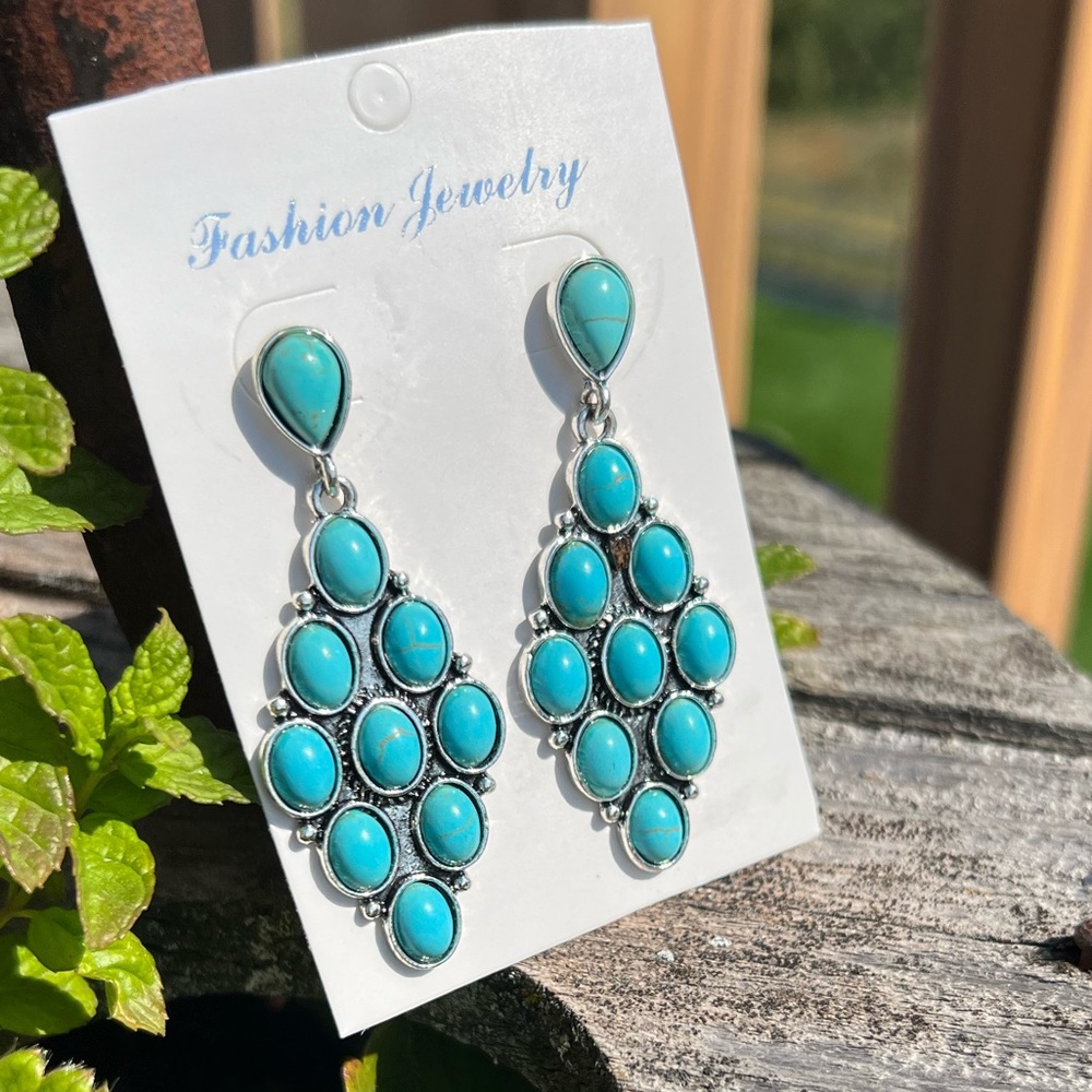 Western Faux Turquoise Stone Blue Chandelier Silver Earrings Gift New Boho - Picture 2 of 5